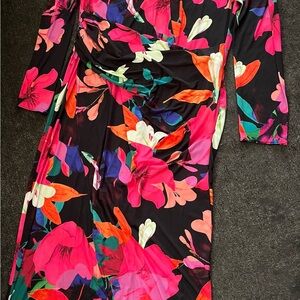 Black Long-Sleeve Floral Wrap Dress with Bright Pink & Orange Blooms
